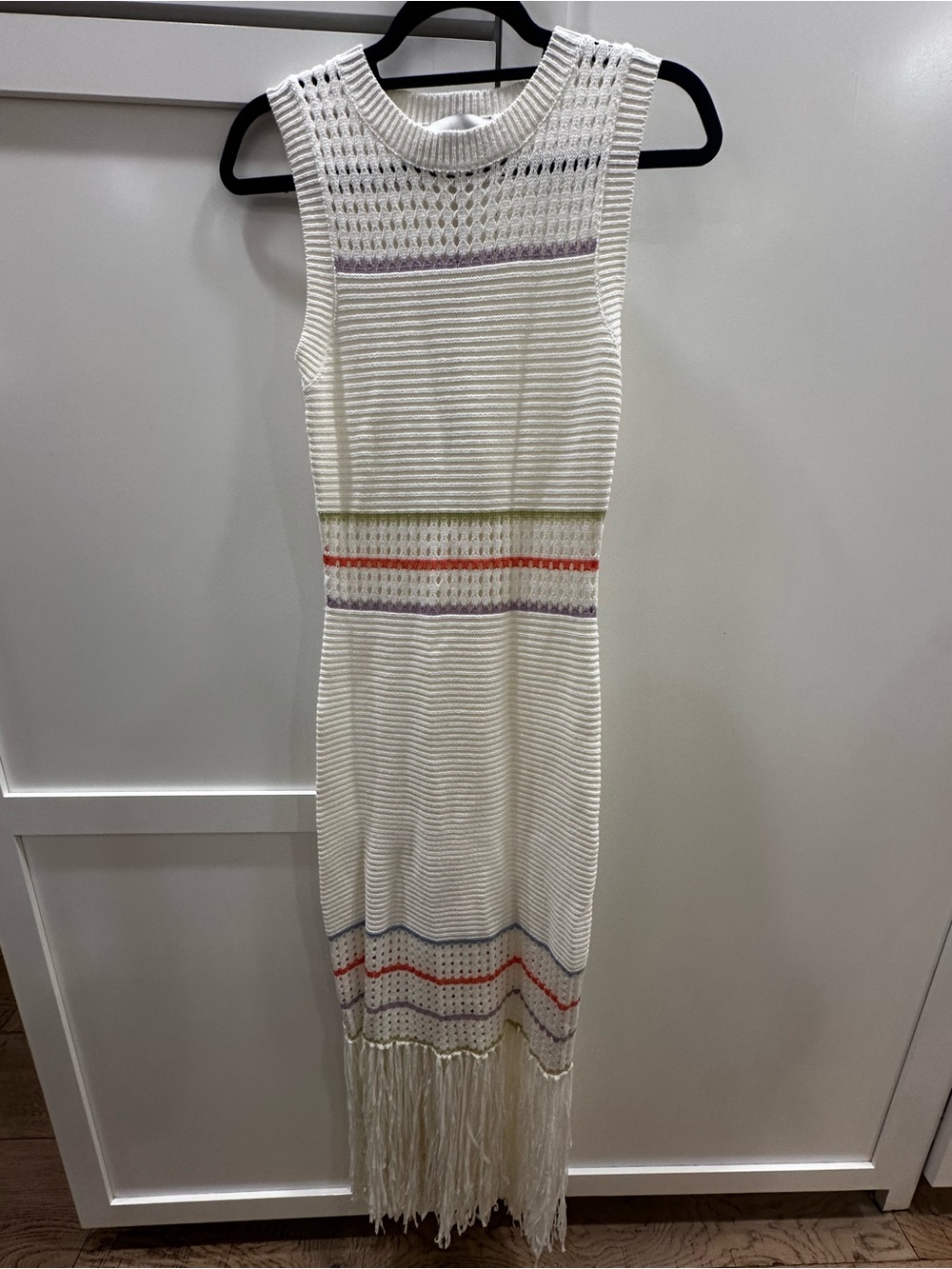 Hausen Sleeveless White Cream Knit Maxi Dress with Color Stripe Accents